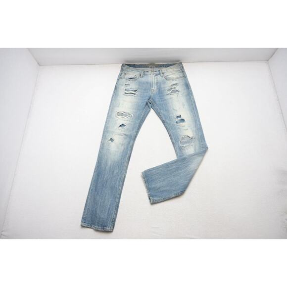American Eagle Slim Straight Destroyed Rugged Light Blue Jeans Mens Sz 32 x 34 - Picture 1 of 11